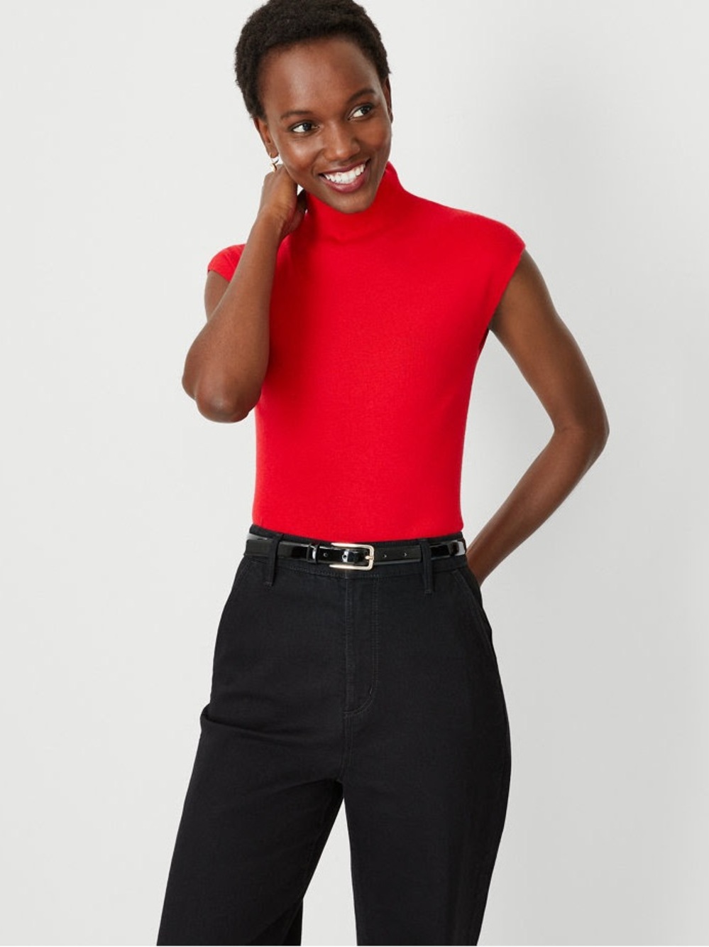 Ann Taylor Red Mock Turtleneck Cap-Sleeve Sweater